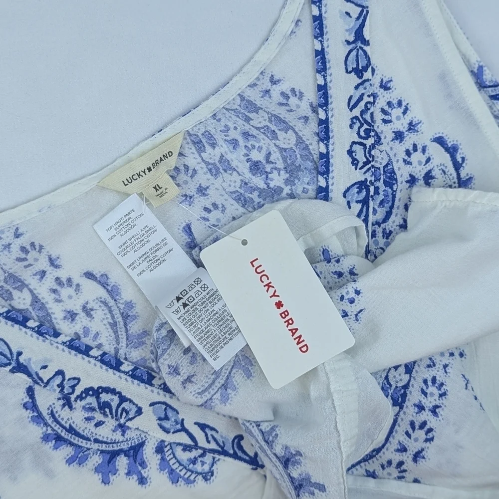 Lucky Brand Sleeveless Top Midi Skirt Set Cotton Paisley Print White Blue XL NWT